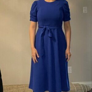 DKNY Cobalt Blue Puff Sleeve Midi Dress Tie Waist – Size 6 - Worn Twice
